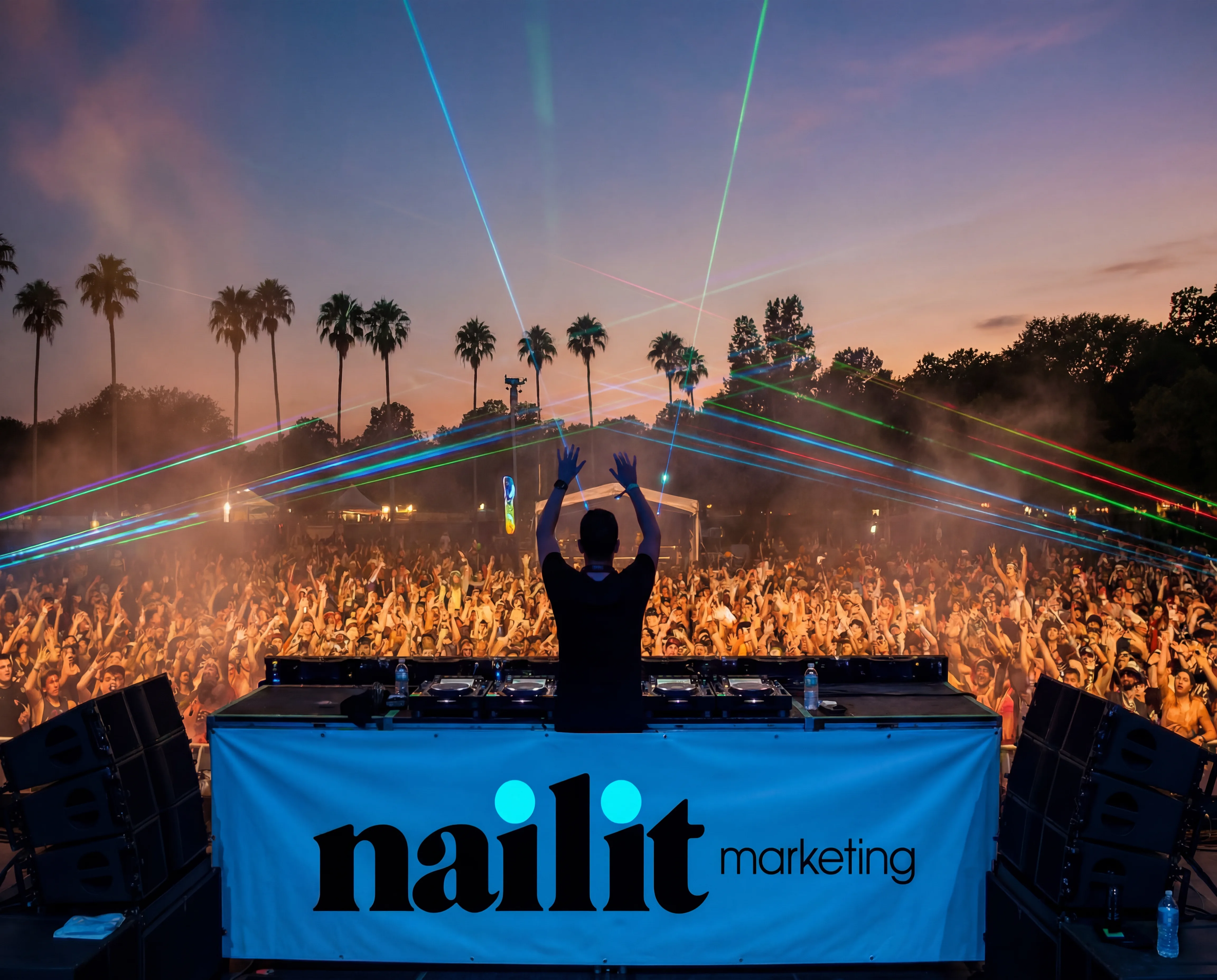 Event marketing concert stage with crowd and warm lights