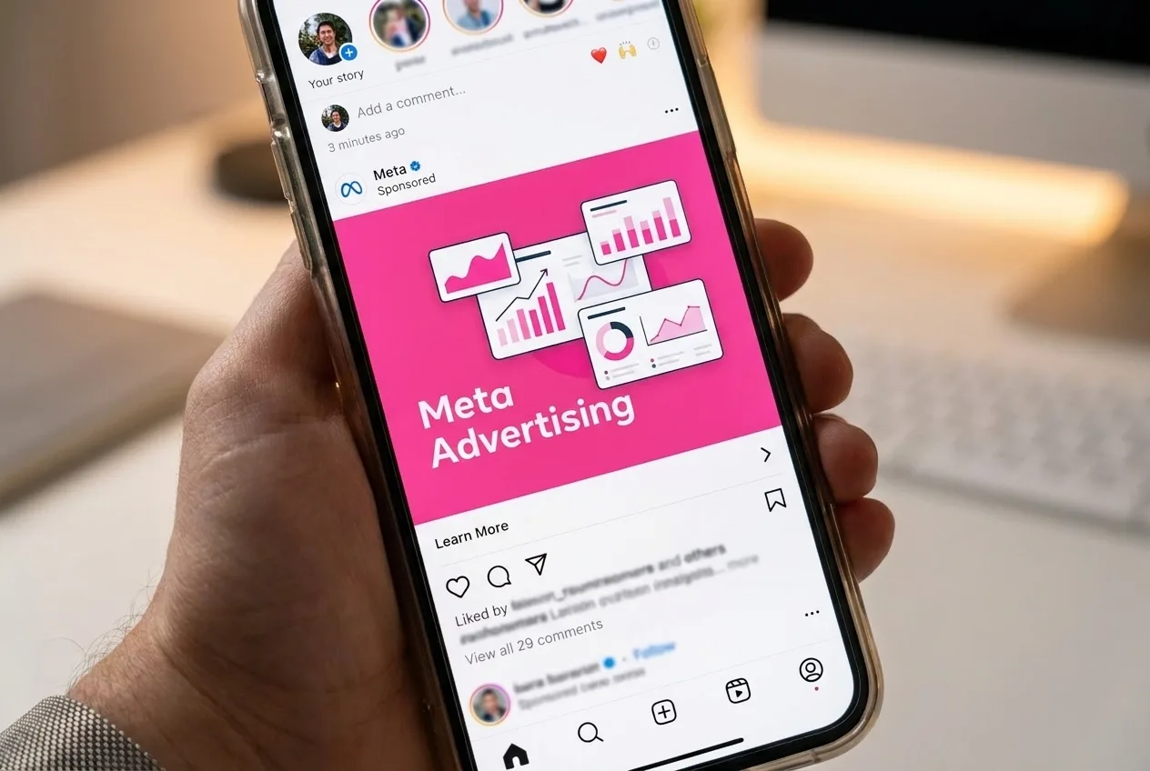 Social media ads on a phone showing Meta advertising creative