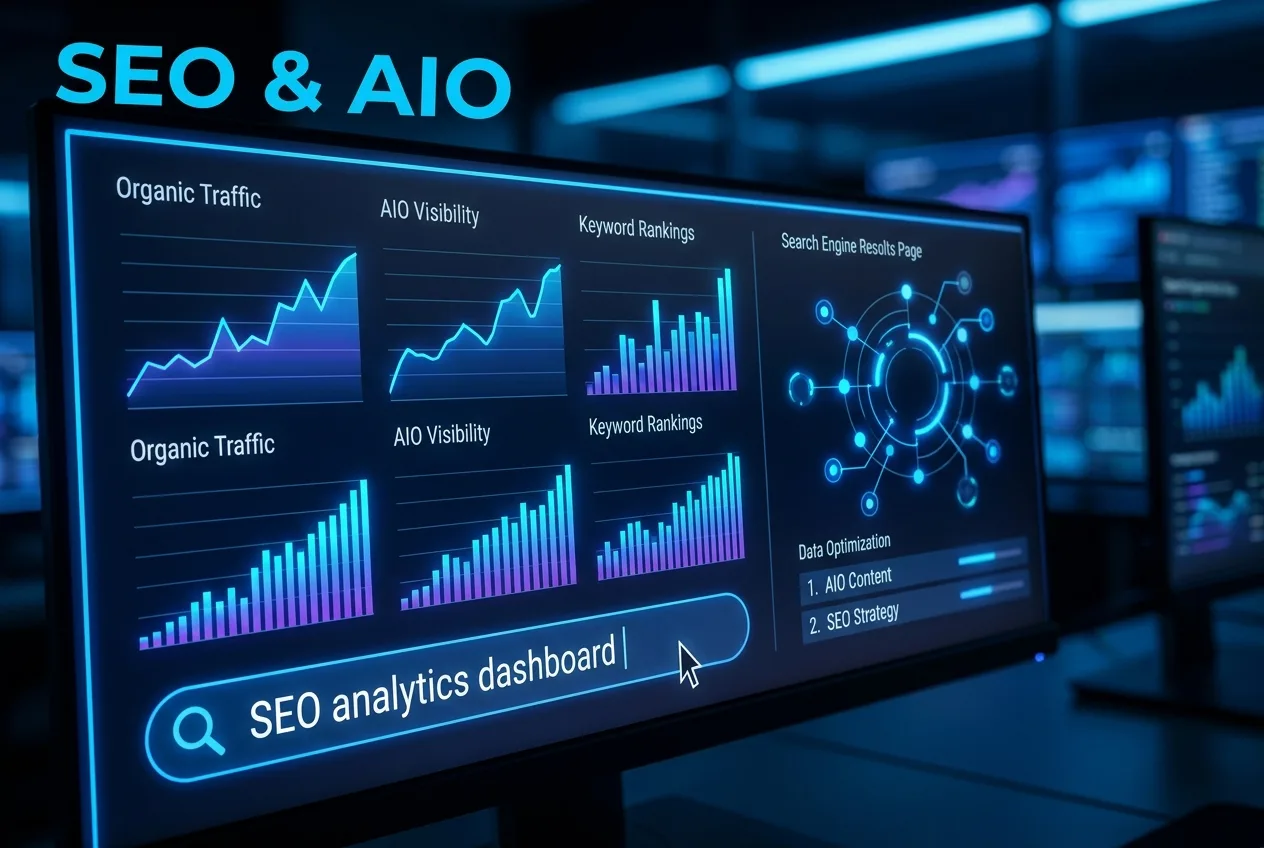 Analytics dashboard showing search rankings and AI optimization data