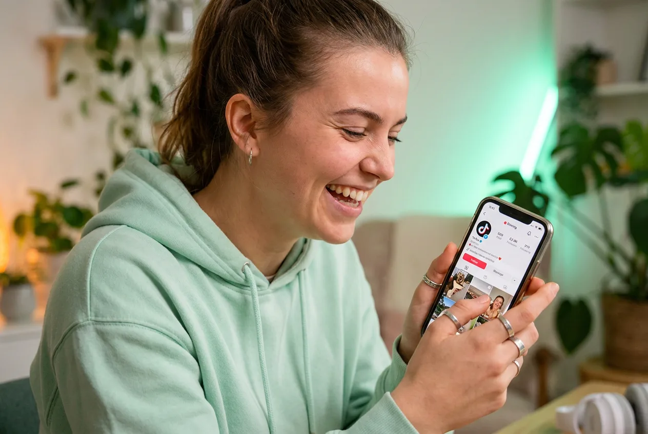 Content creator scrolling social media feed on a phone