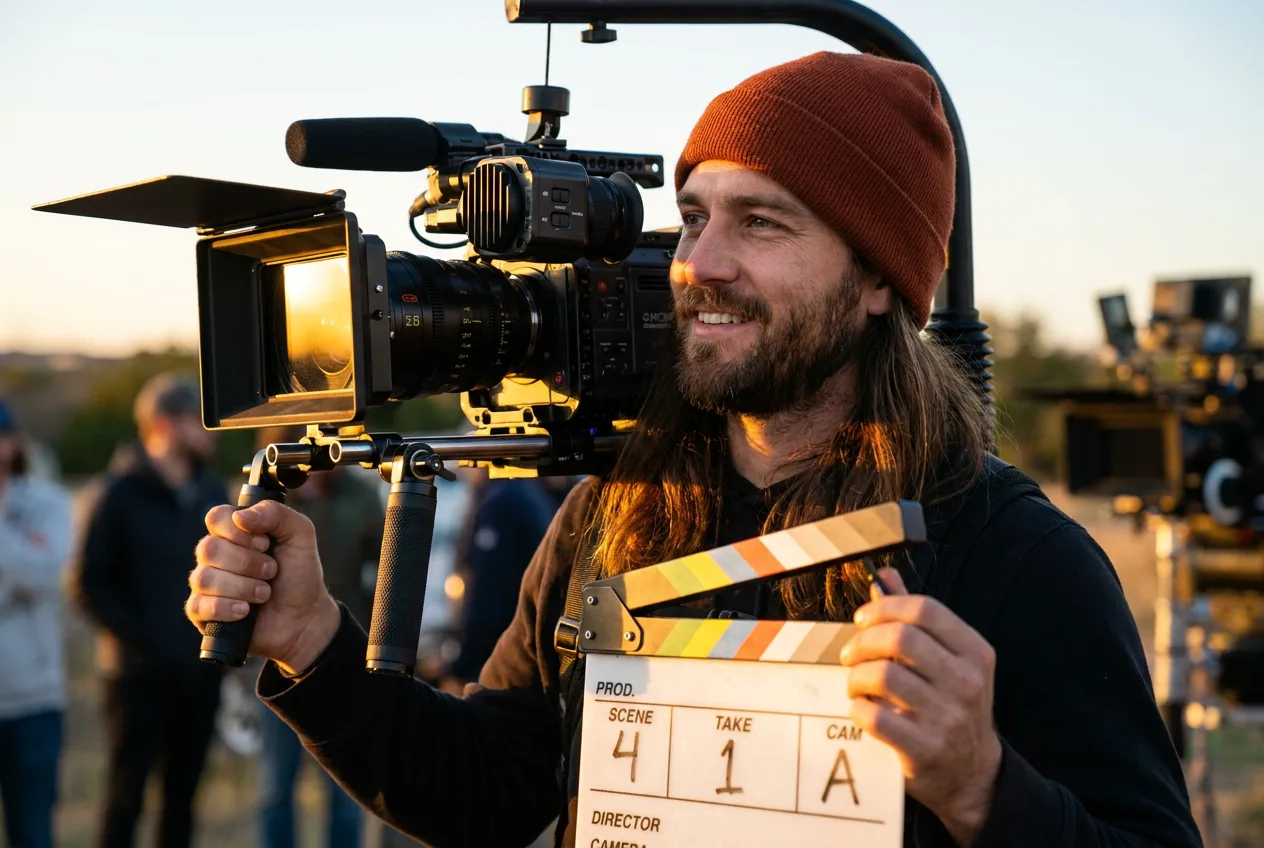Videographer with a cinema camera and clapboard at golden hour